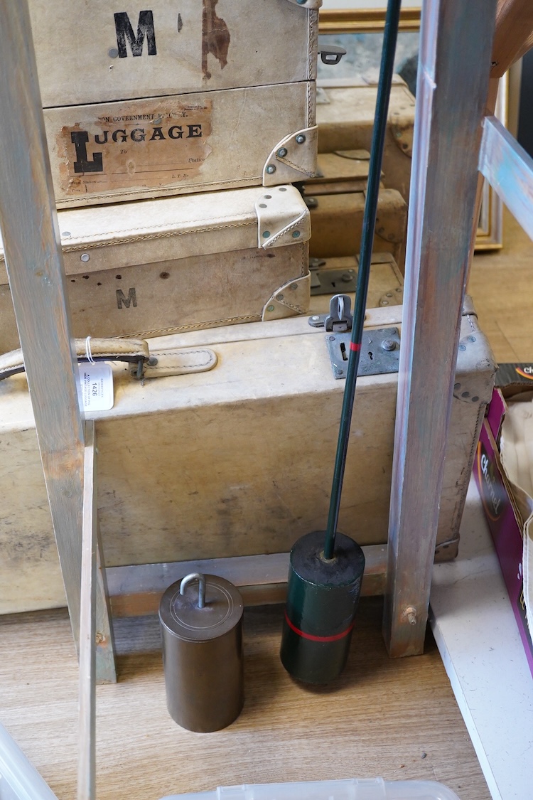 A late 19th century turret timepiece, understood to have been possibly built by Kemp of Bristol, green painted cast iron frame, with pendulum, weight, winding handle, and other unrestored parts, including the drive mecha